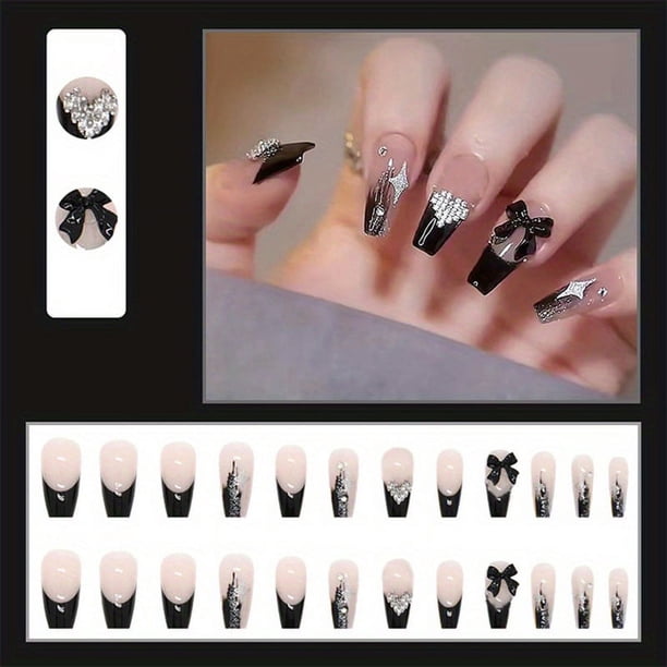 24pcs Heart Design Press On Nails with Rhinestones - Long Coffin Fake Nails for Women, Girls, and Men - Full Glue On Acrylic Artificial Nails for Manicure Art Decorations