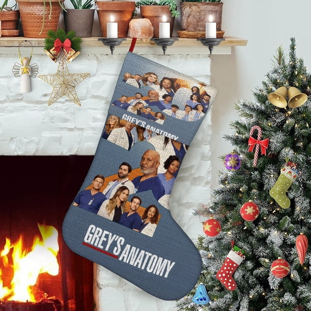 Anatomía según Grey Tema: Calcetines de Navidad, fino lino blanco para colgar en escaleras y chimenea, decoración navideña para el hogar, regalo de Navidad.54cm×38cm
