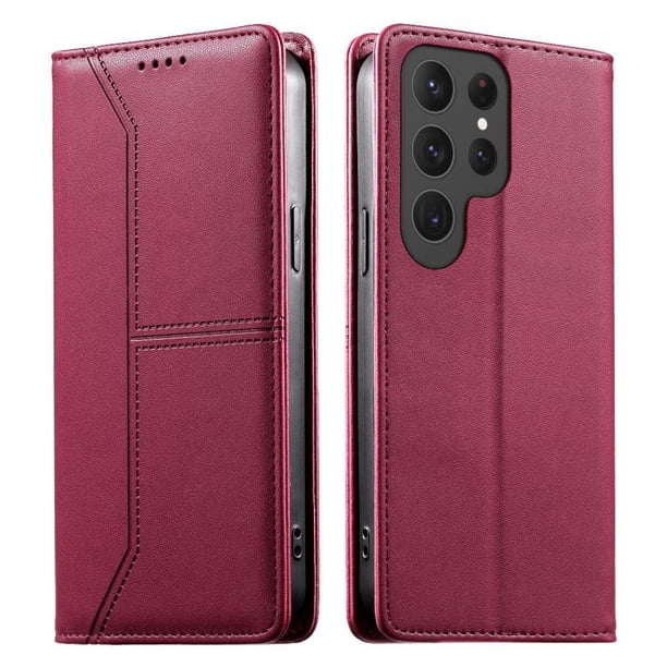 Funda tipo cartera con bloqueo RFID para Samsung Galaxy S23 Ultra cubierta magnética de cuero con tapa y soporte Rojo