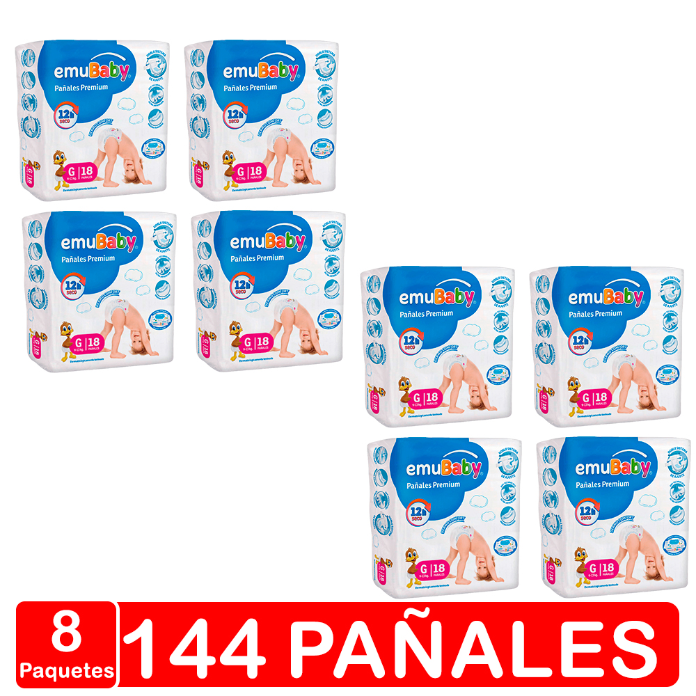 Pañales Emubaby Premium Manga X8 - Talla G - 144 Pañales