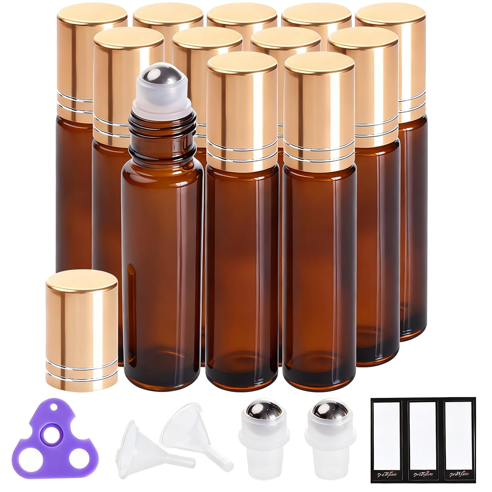 Botellas Con Rodillo Para Aceites Esenciales Prettycare, Paquete De 12, 10 Ml, Ámbar