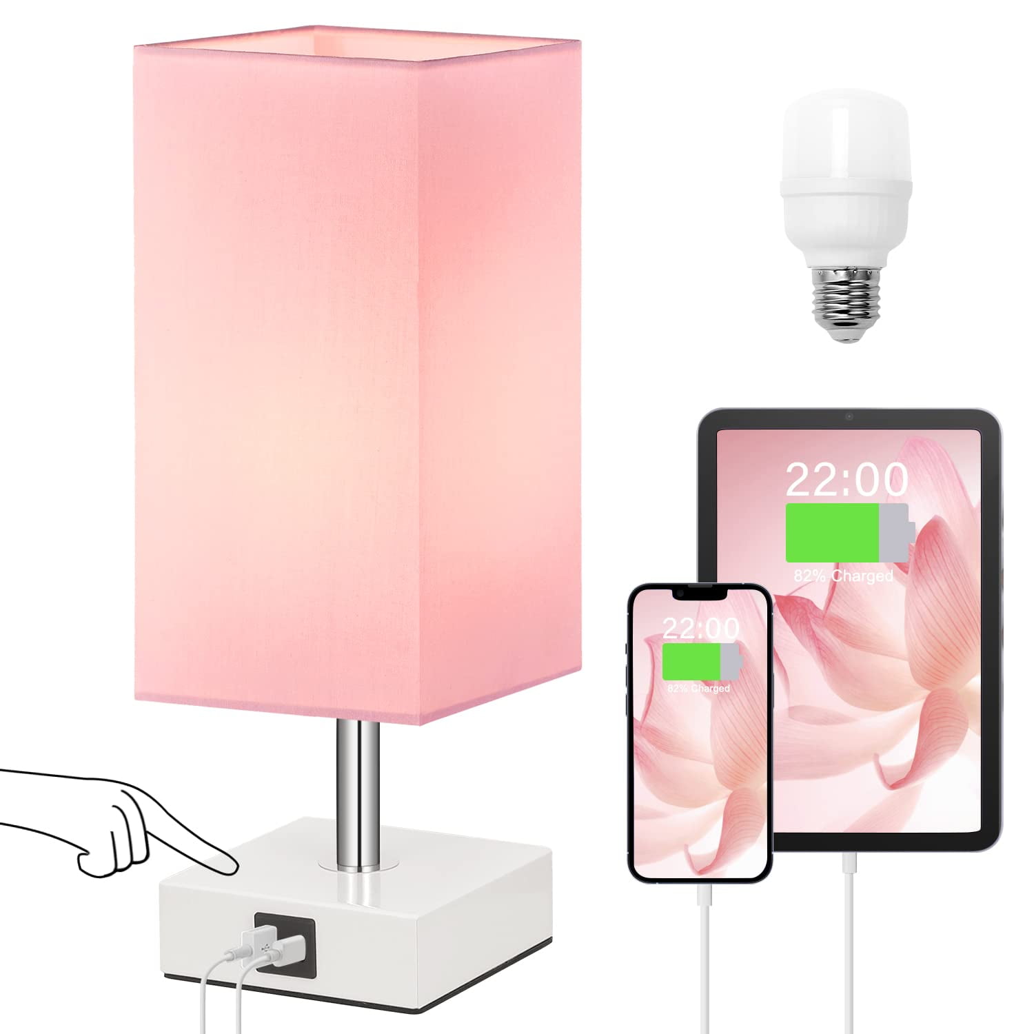 Lámpara De Mesa Con Control Táctil Ambimall Rosa Con 2 Puertos Usb Y Led