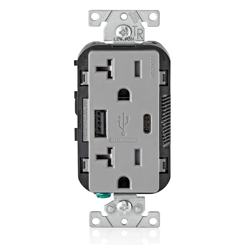 Cargador Usb De Pared Leviton Tipo A Y Tipo C Con Salida De 20 A, Color Gris