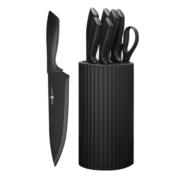 Juego de cuchillos NULAS de 8 piezas con recubrimiento antiherrumbre y bloque, negro