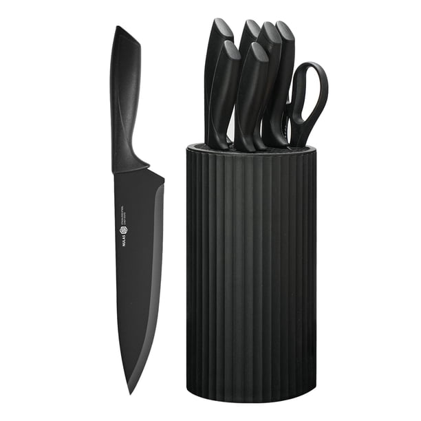 Juego de cuchillos NULAS de 8 piezas con recubrimiento antiherrumbre y bloque, negro