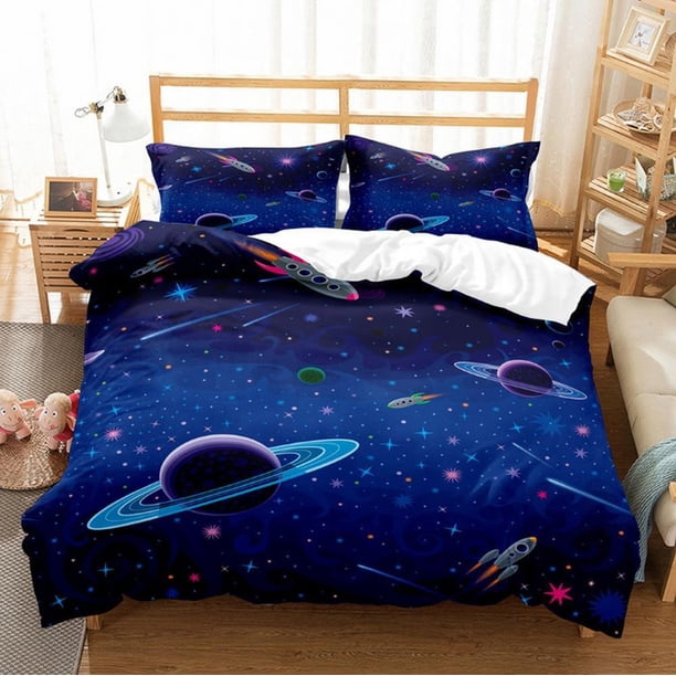 Blue Cartoon Planet Quilt Duvet Cover Set Bedroom Decor Soft Double3-Piece Bedding Set