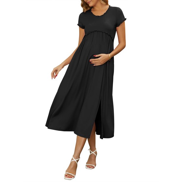 INSPIRE CHIC Vestido de Maternidad para Mujeres Maxi con Mangas Cortas, Pliegues con Volantes, Vestidos de Embarazo para Sesión de Fotos, Casual y Fluido, Verano 2026, 2XL Negro