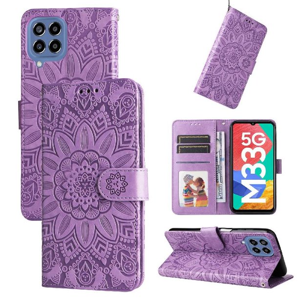Funda tipo cartera FOXDOCK para Samsung Galaxy M33 5G , diseño girasol en relieve, cuero PU, cierre magnético, soporte y tarjetero