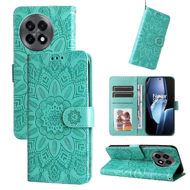 Funda tipo cartera FOXDOCK para OnePlus 13R 5G , diseño girasol en relieve, cuero PU, cierre magnético, soporte y tarjetero