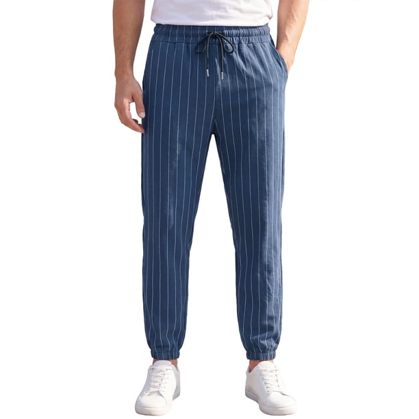 INSPIRE CHIC Pantalones Joggers de Lino a Rayas con Cintura Elástica y Cordón Ajustable para Hombre, Ligeros y Casuales, Talla L, Azul