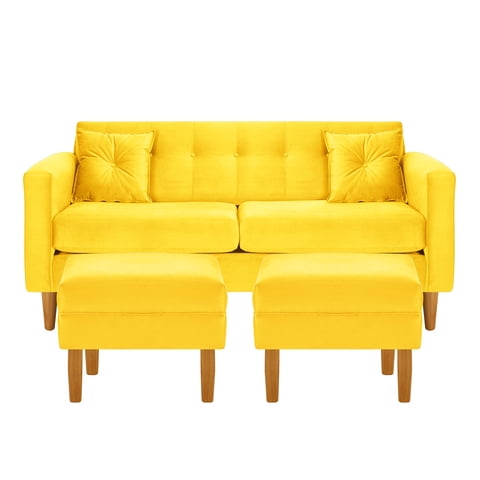 Bodevir - Sofa New Retro 3C + 2 Pouf Felpa 04 Amarillo