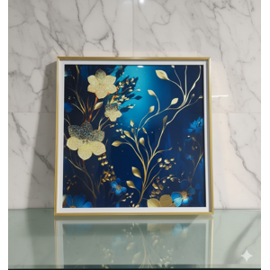 Decostilo - Cuadro Azul Con Flores Doradas Minimalista 60X60Cm