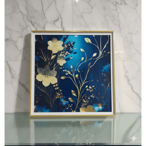 Decostilo - Cuadro Azul Con Flores Doradas Minimalista 60X60Cm