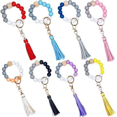 Xusx111 - 16 Piezas De Madera Con Perlas Llavero Pulsera Llavero Pulsera Portátil Portallavero De Coche Para Las Mujeres Cadena De Pulsera Con Borla