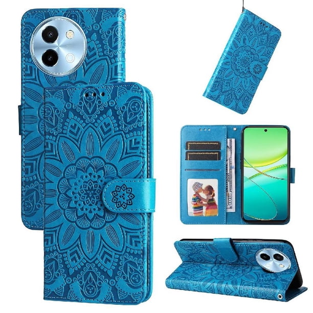 Funda tipo cartera FOXDOCK para Vivo Y38 5G , diseño girasol en relieve, cuero PU, cierre magnético, soporte y tarjetero