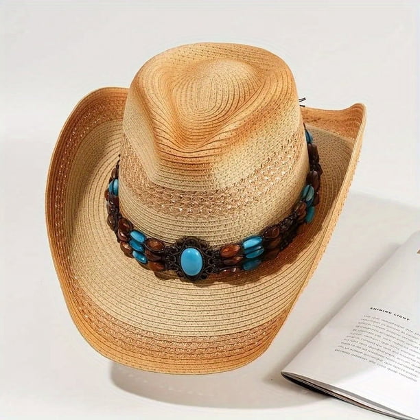 Boho Western Cowboy Straw Hat - Hand Woven Faux Jade Chain Decor Hat for Women, Men, and Unisex - Perfect for Summer Beach and Casual Wear