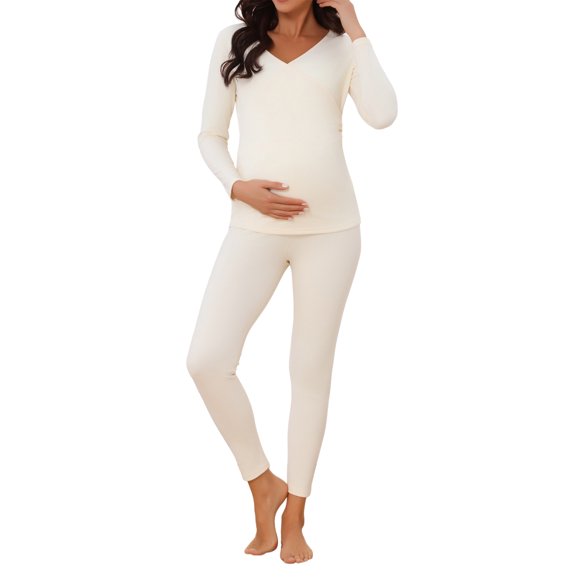 cheibear Conjuntos de Pijamas de Maternidad para Mujeres Cuello en V Cruzado para Lactancia Tops de Manga Larga Pantalones Ropa de Casa 2 Piezas Beige
