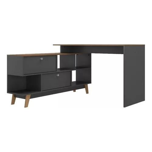 Tododescuento - Escritorio Gris Apolo Esquinero 4 Estantes 2 Cajones Y Repisa