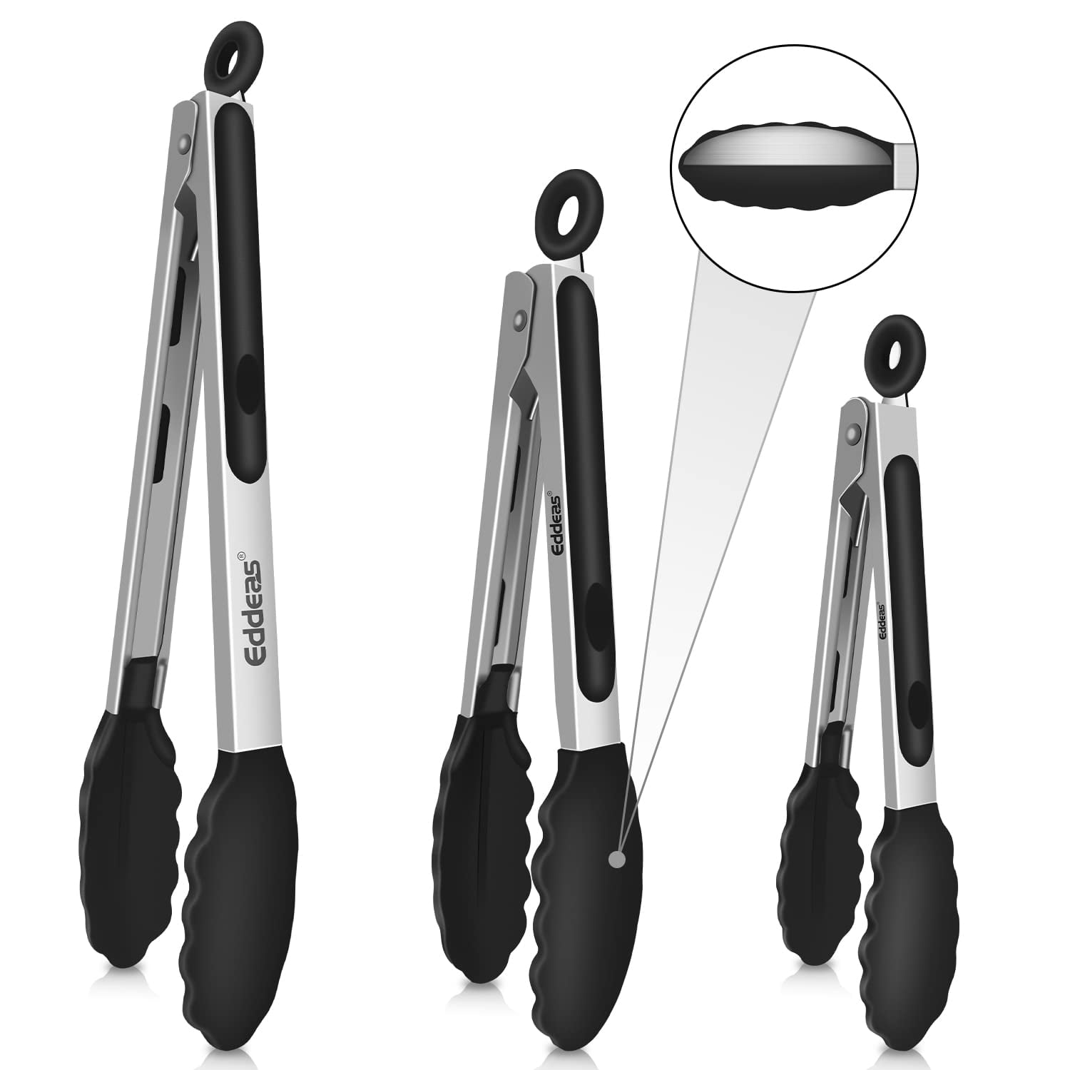 Eddeas - Pinzas De Cocina Con Puntas De Silicona 7 9 Y 12 Pulgadas Negras