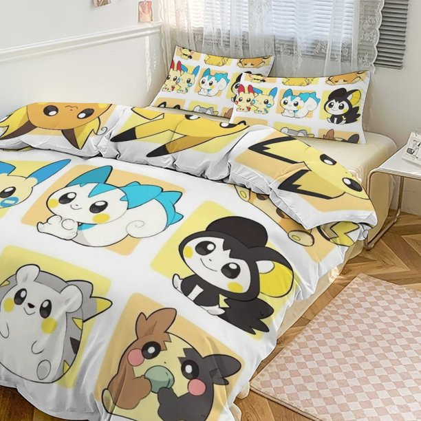 Pik_achu Print Bedding Set Pattern Duvet Cove Set 3 Pieces 1 Quilt Cover And 2 Pillowcases for Women Men Teens