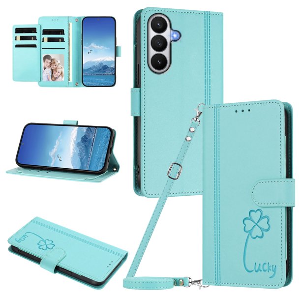 Funda Cartera Trébol para Samsung Galaxy S26 con Ranuras Tarjetas y Carga Inalámbrica Verde menta