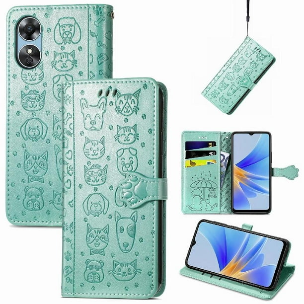 Funda Cartera FOXDOCK para OPPO A17 , Flip PU con Relieve de Gatos y Perros, Tarjetero y Soporte