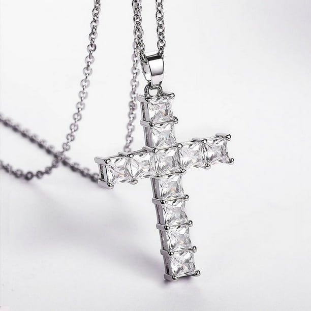 Elegant Pink Zircon Cross Necklace - Vintage Style Pendant Necklace in 925 Silver Plated
