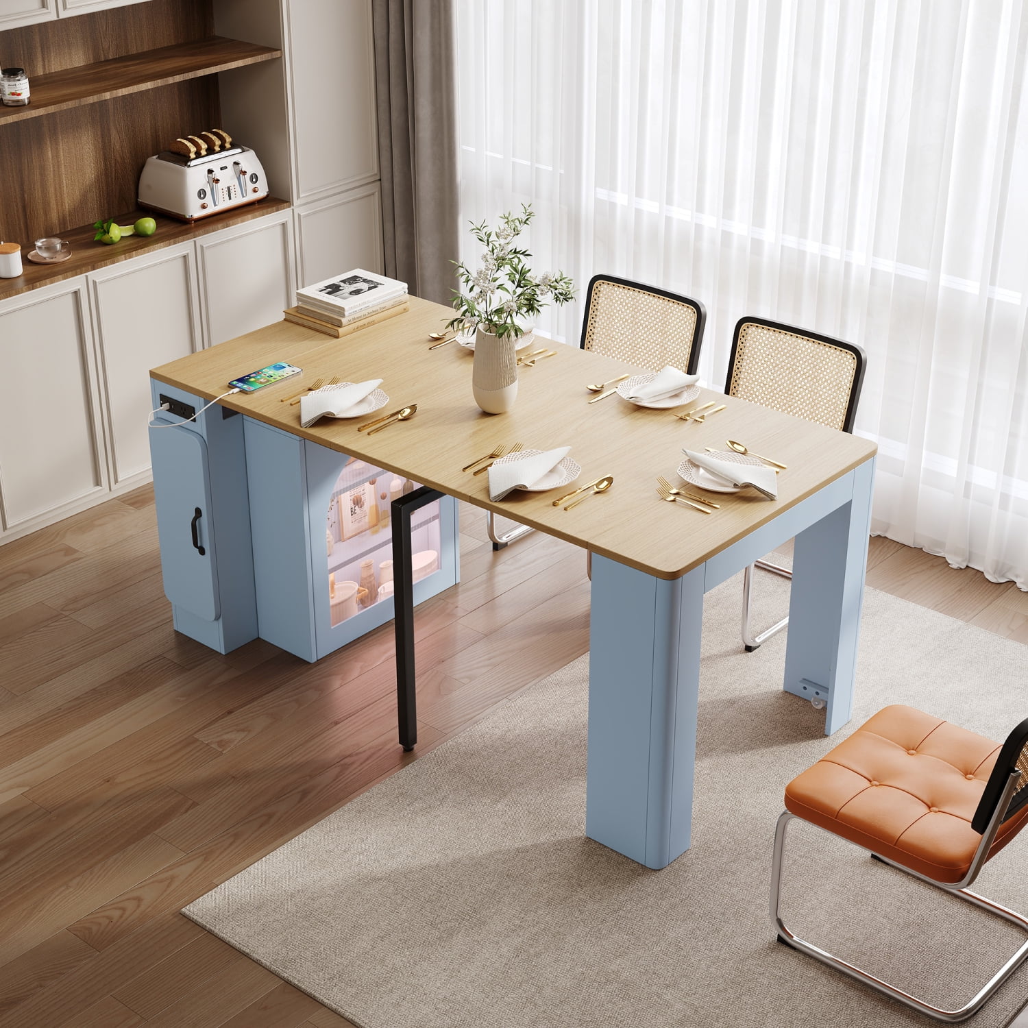 TREXM Extendable Dining Table with 3 Removable Middle Leaves, Mobile ...