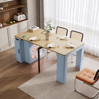 M&Ms - Trexm Extendable Dining Table With 3 Removable Middle Leaves, Mobile Rolling Island Table With Power Outlet, Saving-Space Cabinet With Storage For Dining Room And Living Room (Grey Blue And Natural)