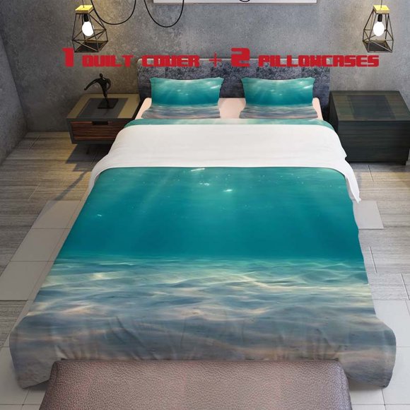 3pcs Sunlight Penetrates Water to Illuminate the Sea Bottom Themed Bedding Set featuring a soft duvet cover and two pillowcases. Suitable for all seasons