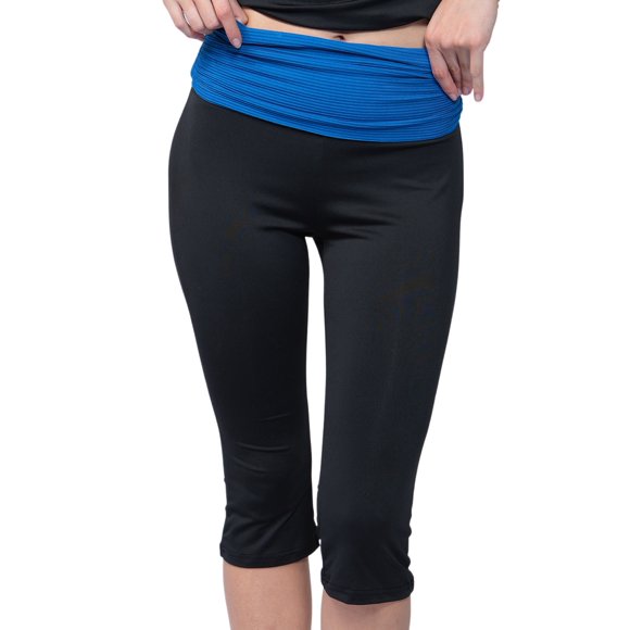 Jess de Meiko Leggings Capri Casual Athleisure para Mujer con Cintura Doblada en Contraste Elástica Negro y Azul S