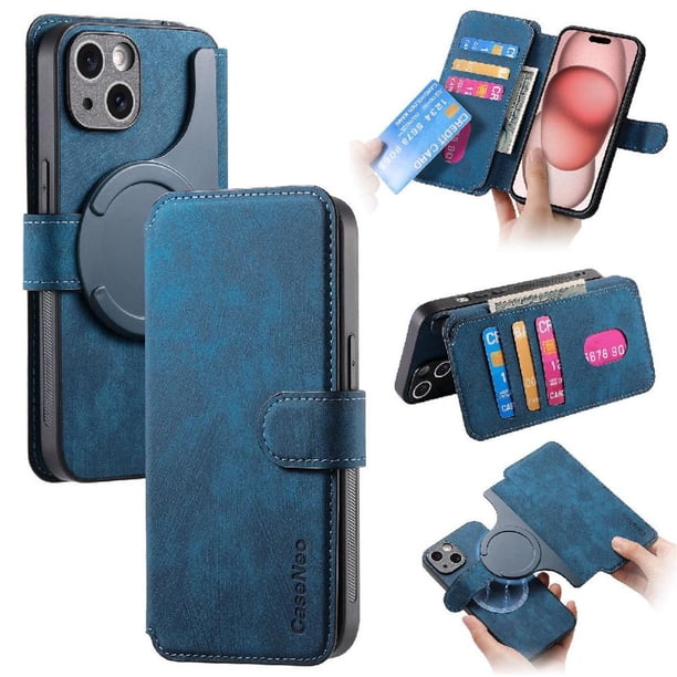 Funda Billetera Magnética para iPhone 15 Soporte Tarjetas Desmontable Azul