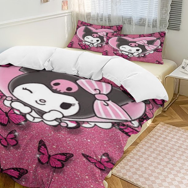 Kuromi Quilt Set Thicken Soft 3 Pieces Bedding Set All Season Duvet Cove with 2 Pillowcases for Adult Women Girls Teens Home Room Decor