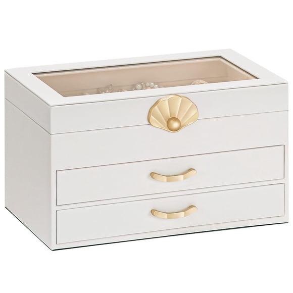 Caja de joyería Enthralite de 3 niveles con tapa de vidrio blanca
