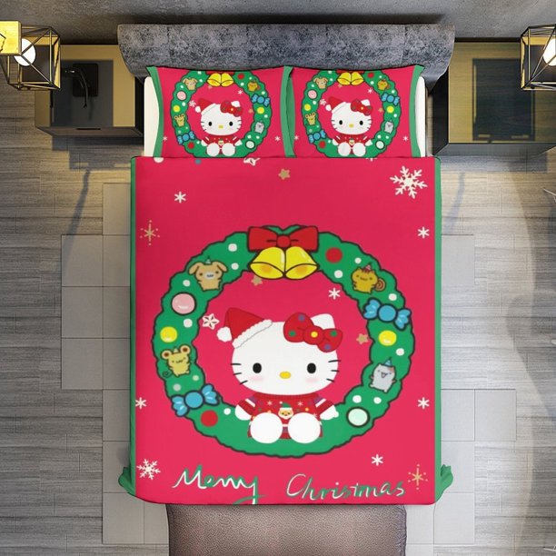 Christmas Hello Kitty 3 Piece Sets Full/Queen Size - Reversible Microfiber Quilts with Shams Soft Lightweight Bedspread Coverlet Comforter for All Season Bed Sheets