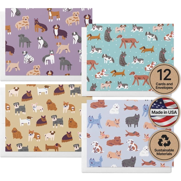 Tarjetas de papel con forma de ramitas, 12 diseños surtidos de perros, con sobres
