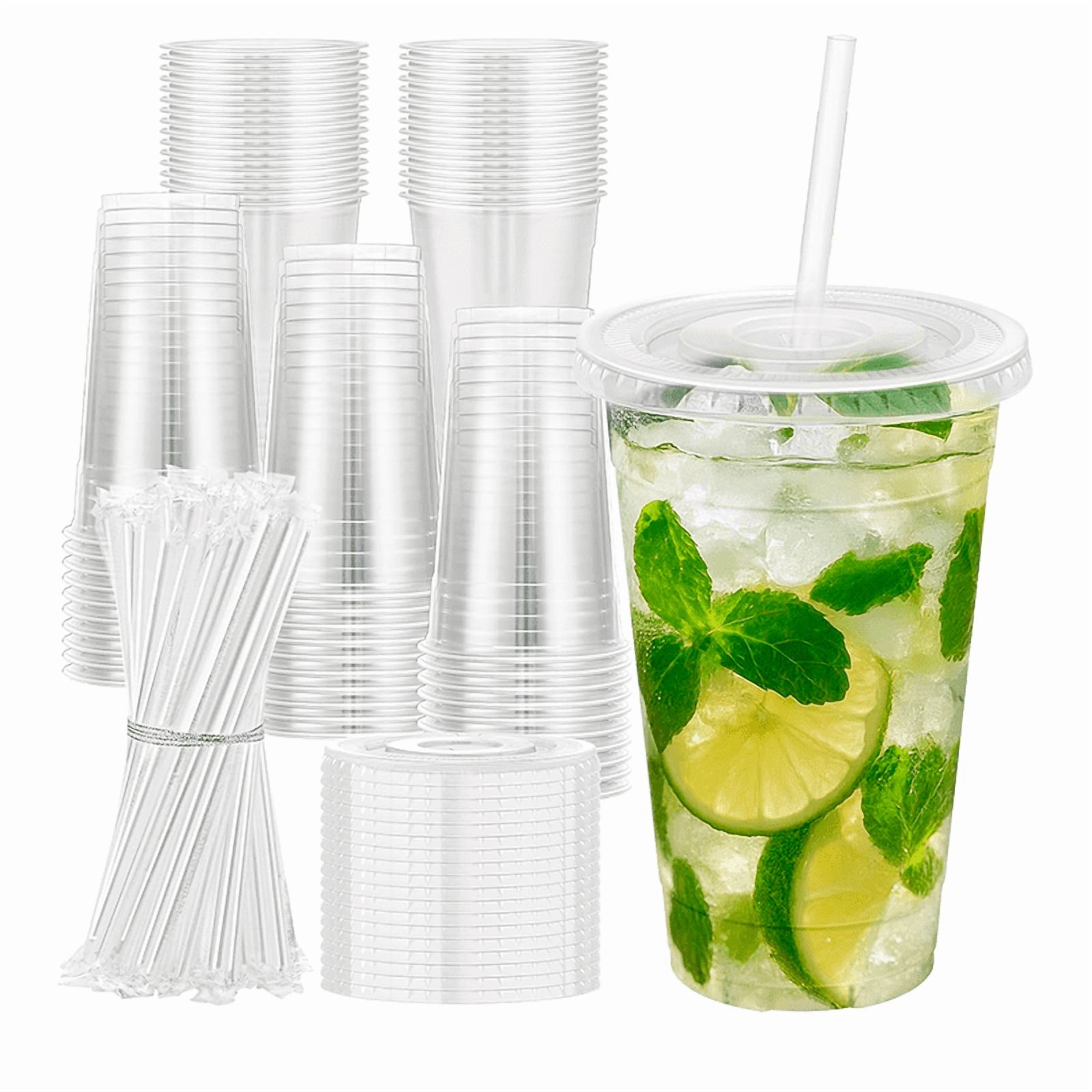 Wakeshome - 100 Vasos Desechable Plástico Con Tapa Y Bombillas 24 Onzas Transparente