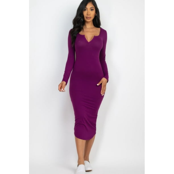 Vestido Midi de Manga Larga con Cuello Abierto