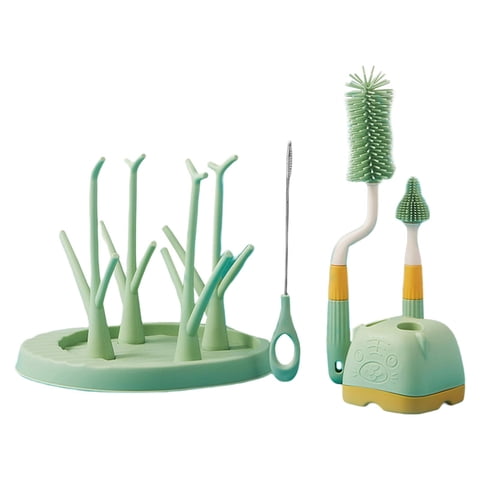 Magideal - Juego De Cepillos Para Biberones Limpiador De Biberones Cepillo De Lavado Herramientas De Cocina De Silicona Portátiles Estante De Secado De Biberones Verde