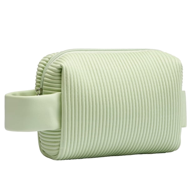 Bolsa de maquillaje pequeña de piel sintética a rayas, portátil, de viaje, impermeable, con asa, bonita para mujeres y niñas.
