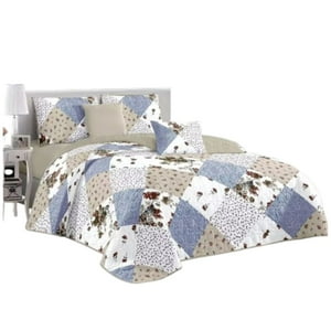 Genérico - Cubrecama Quilt Verano 2 Plazas - Patchwork Beige Azul Kfl593