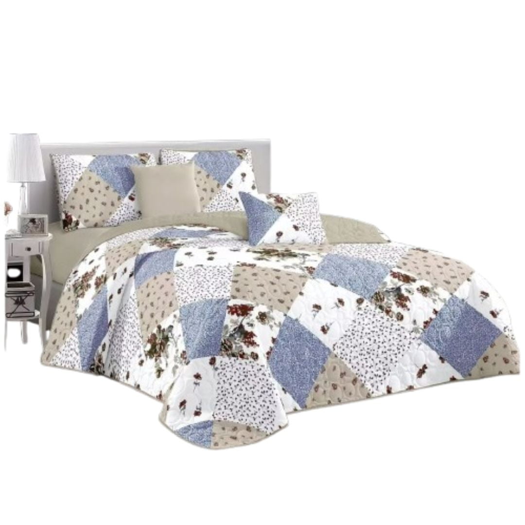 Genérico - Cubrecama Quilt Verano 2 Plazas - Patchwork Beige Azul Kfl593