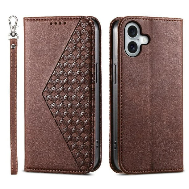 Funda Flip FOXDOCK para iPhone 17 , Estilo Billetera con Diseño Rombo, Correa de Mano y Soporte, Uso Diario