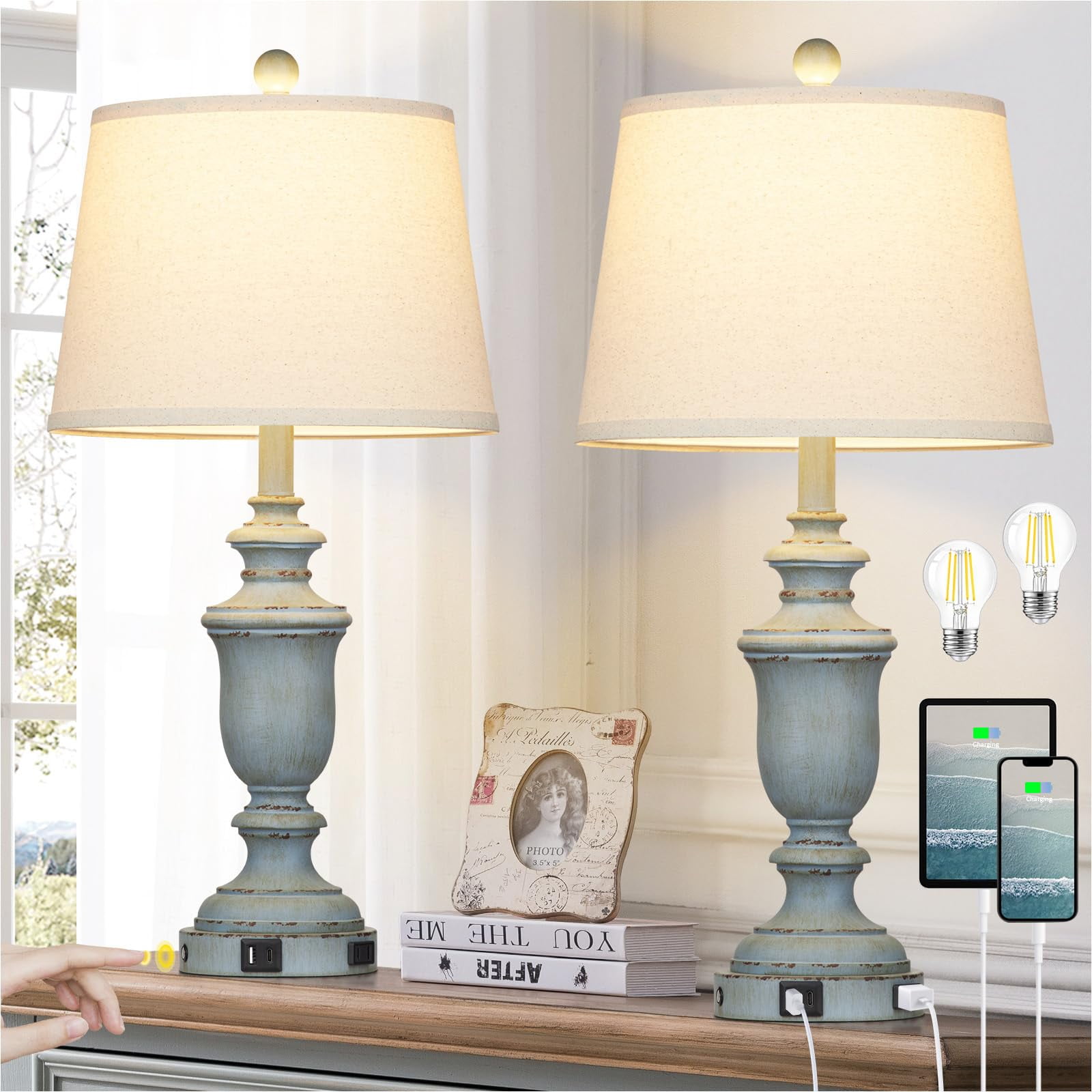 Lamp Cinkeda Coastal De 65 Cm, Juego De 2 Puertos Usb C+a Y Toma De Corriente Alterna