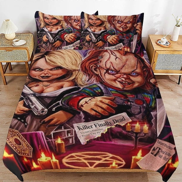 Juego de ropa de cama de la novia de Chucky y Tiffany, funda nórdica, ropa de cama de dibujos animados cómoda y ligera, 3 piezas (c