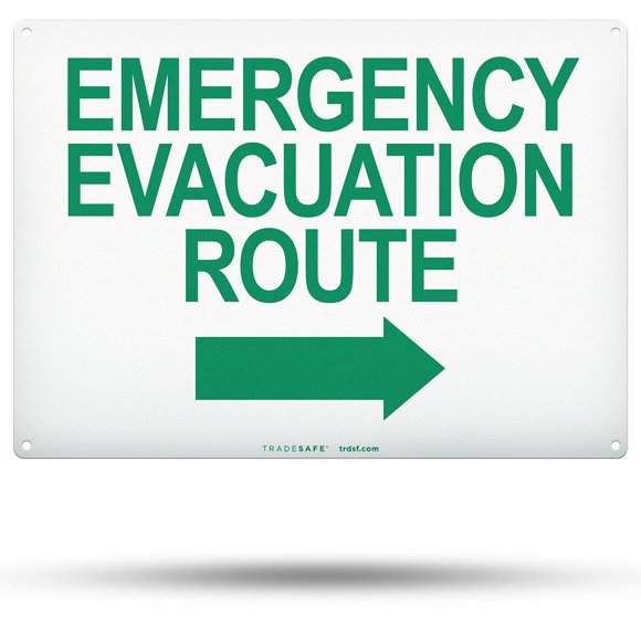 Señal TRADESAFE con flecha derecha para ruta de evacuación de emergencia, 35 x 25 cm