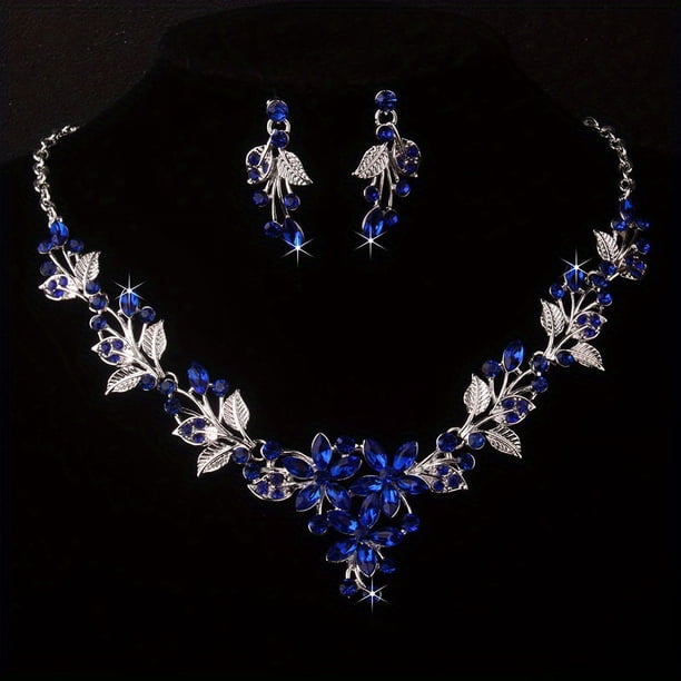 Bridal Jewelry Ladies Wedding Dress Wedding Accessories Royal Blue Leaf Shaped Flower Rhinestone Necklace Earring Set Wedding Set Chain Stage Performance Necklace