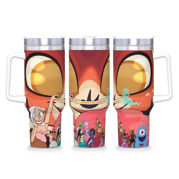 Monsters vs. Vaso aislado de acero inoxidable con asa, diseño temático, regalo para familia, amigos y fans; incluye pajita y encaja en el portavasos estándar, 40 oz