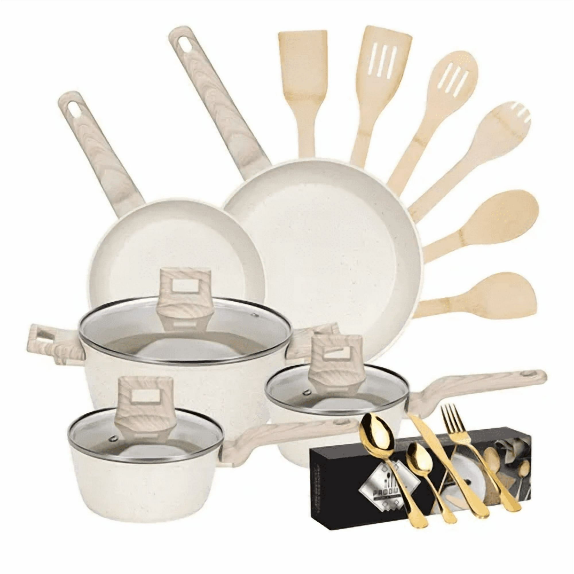 Genérico - Bateria De Cocina Aluminio 38 Piezas Antiadherente Granito Blanco