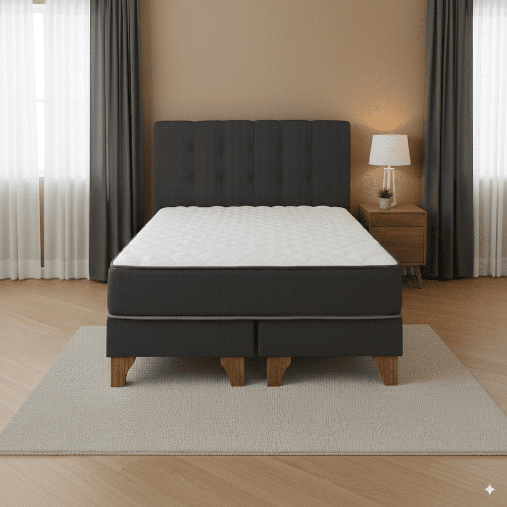 M&e - Cama 2 Plazas Completa | Base Europea + Colchón 24 Cm + Respaldo Tapizado